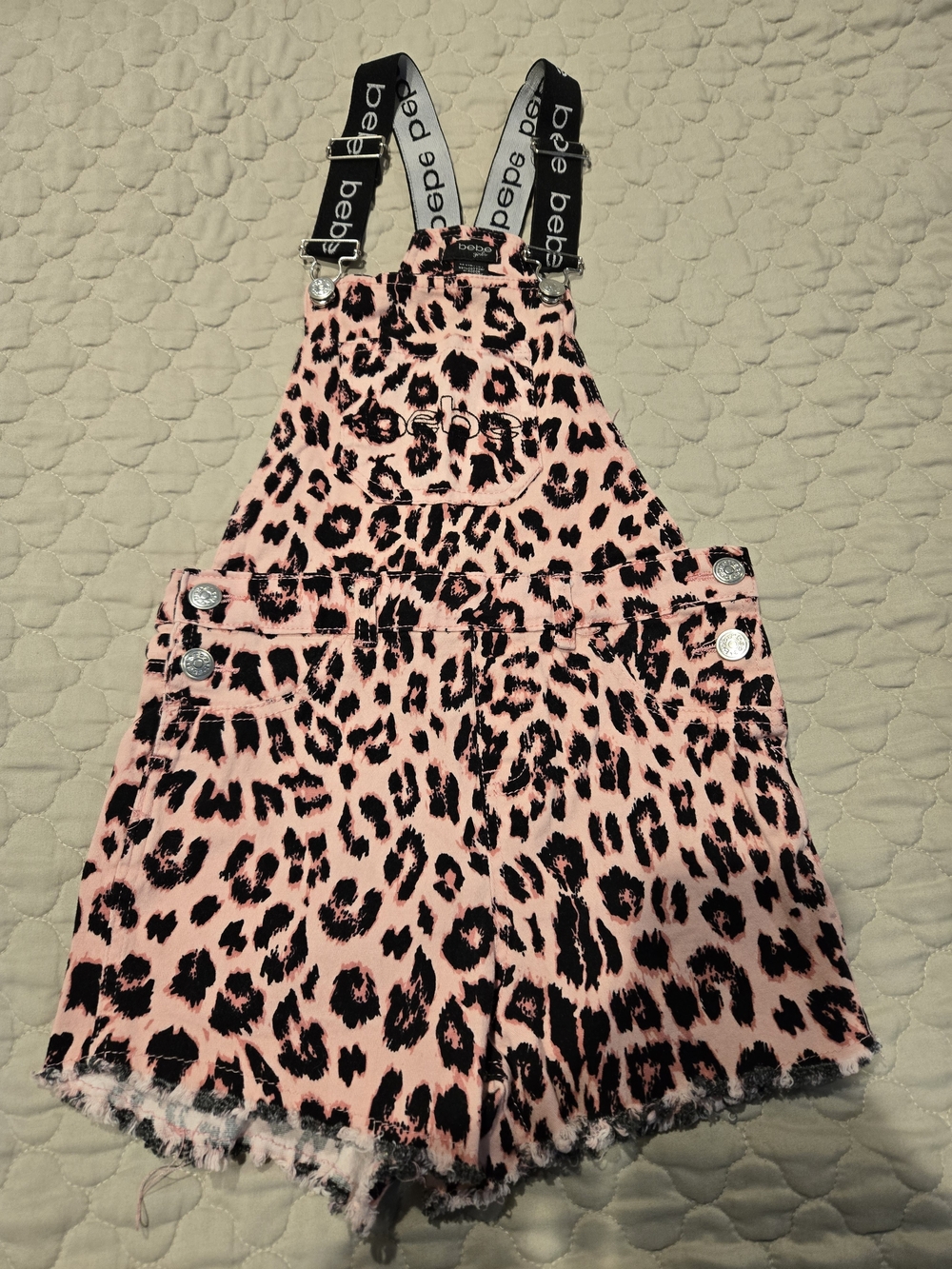 bebe Pink Leopard Print Short Overalls with Logo Straps